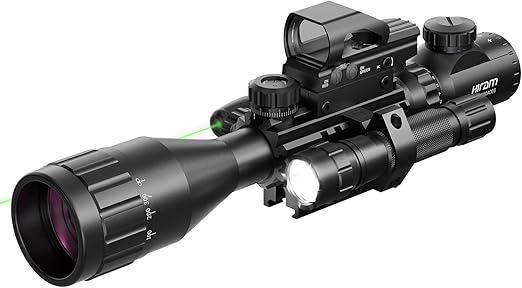 HIRAM 4-16x50 AO Rifle Scope Combo with Green Laser, Reflex Sight, and 5 Brightness Modes Flashlight